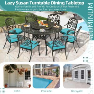 MEETWARM 9-Piece Outdoor Furniture Dining Set, All Weather Cast Aluminum Patio Garden Set- 8 Cushioned Chairs, 61" Round Patio Dining Table with Detachable Lazy Susan, 2" Umbrella Hole, Ocean Blue