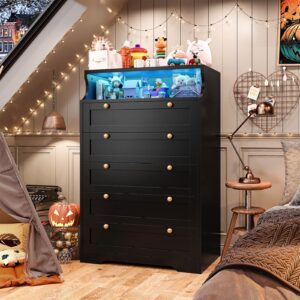 EnHomee 5 Drawer Dresser with LED, Black Dresser for Bedroom, Bedroom Dressers & Chests of Drawers, Tall Dresser with Deep Drawers for Bedroom Hallway Closet