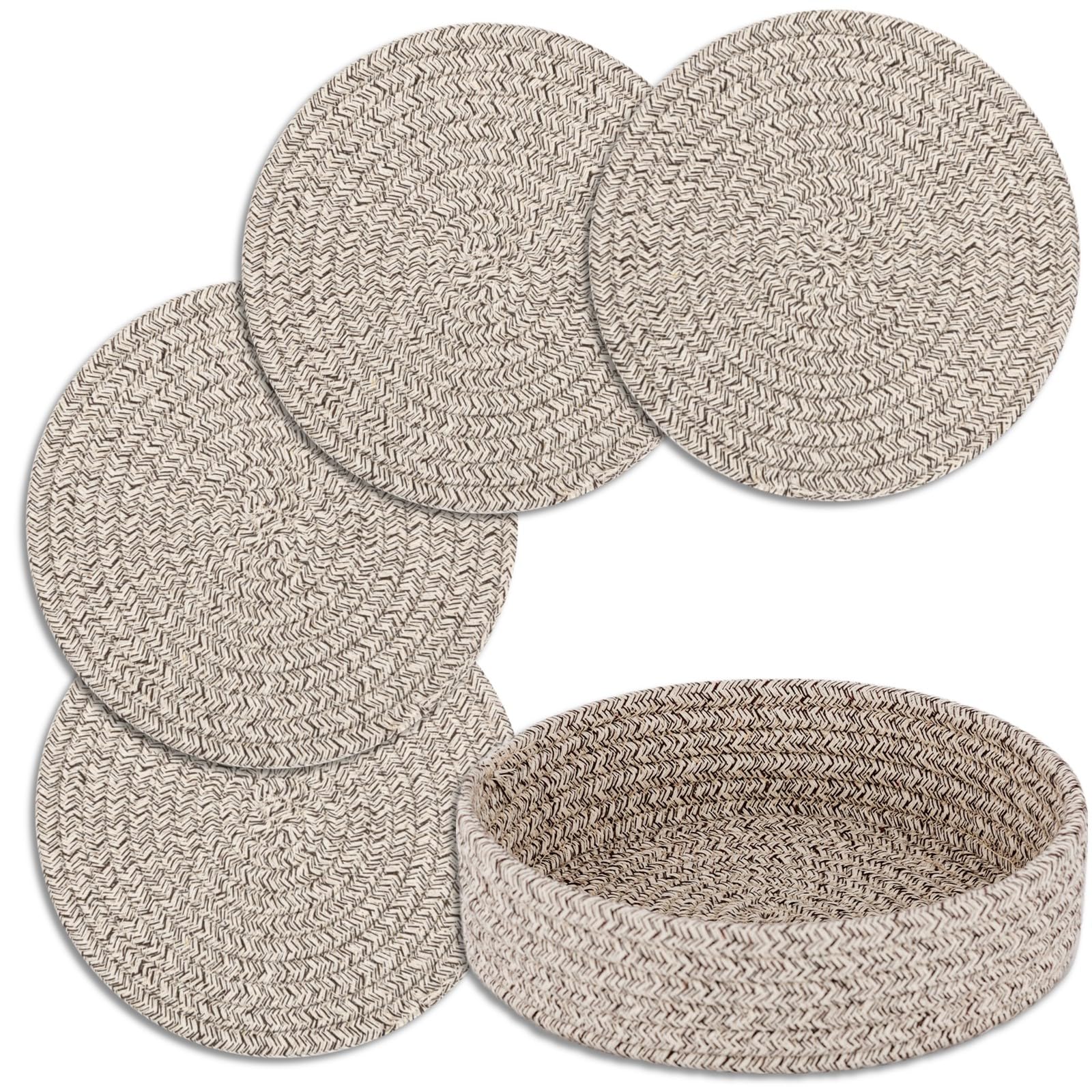 Trivets for Hot Dishes, Trivets for Hot Pots and Pans, Cotton Coasters 4 Pcs and Storage Basket 1 Pack, Pot Holders for Kitchen, Hot Pads for Table, Hot Mats Protect Countertops (Brown 4 Pcs)