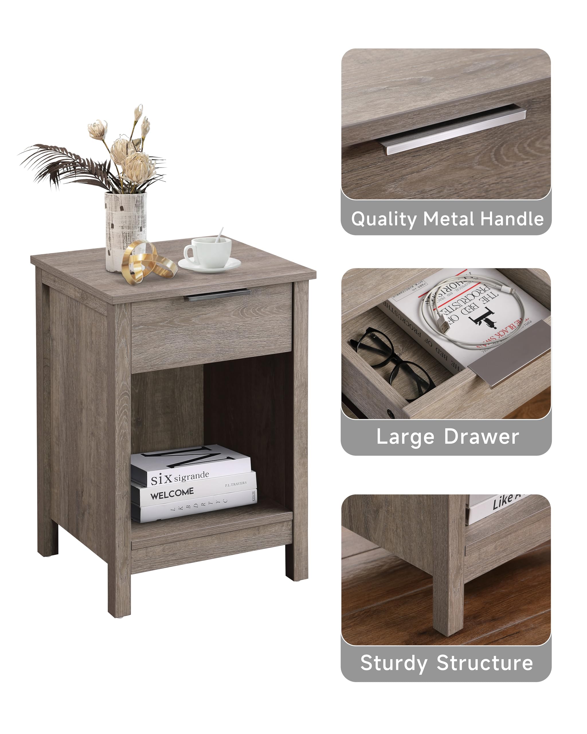 Kavonty Nightstand with Drawer,3-Tier End Side Table with Storage Drawer and Shelf,Modern Bedside Night Stand for Bedroom, Living Room-Retro Rustic Grey