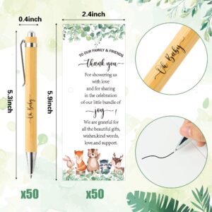 BeYumi Woodland Baby Shower Gifts - 101Pcs Woodland Safari Baby Shower Gifts for Guest Greenery Woodland Baby Shower Favors Retractable Baby Shower Bamboo Pens Greeting Card Bookmarks Souvenirs Prizes