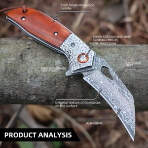 Tusonac Hunting Folding Knife with Leather Sheath, Protable Pocket Knife for Men, Handmade Forged VG10 Damascus Steel Knife with Engraved Steel Bolster, For Camping, Hiking and Daily