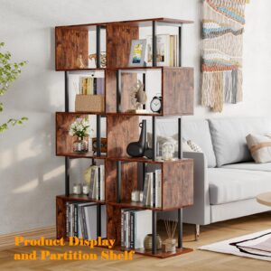 Furologee 6-Tier Bookshelf, Tall S-Shaped Geometric Bookcase, Industrial Freestanding Display Shelf Unit, Wood and Metal Decorative Room Divider for Living Room Bedroom, Home Office, Rustic Brown