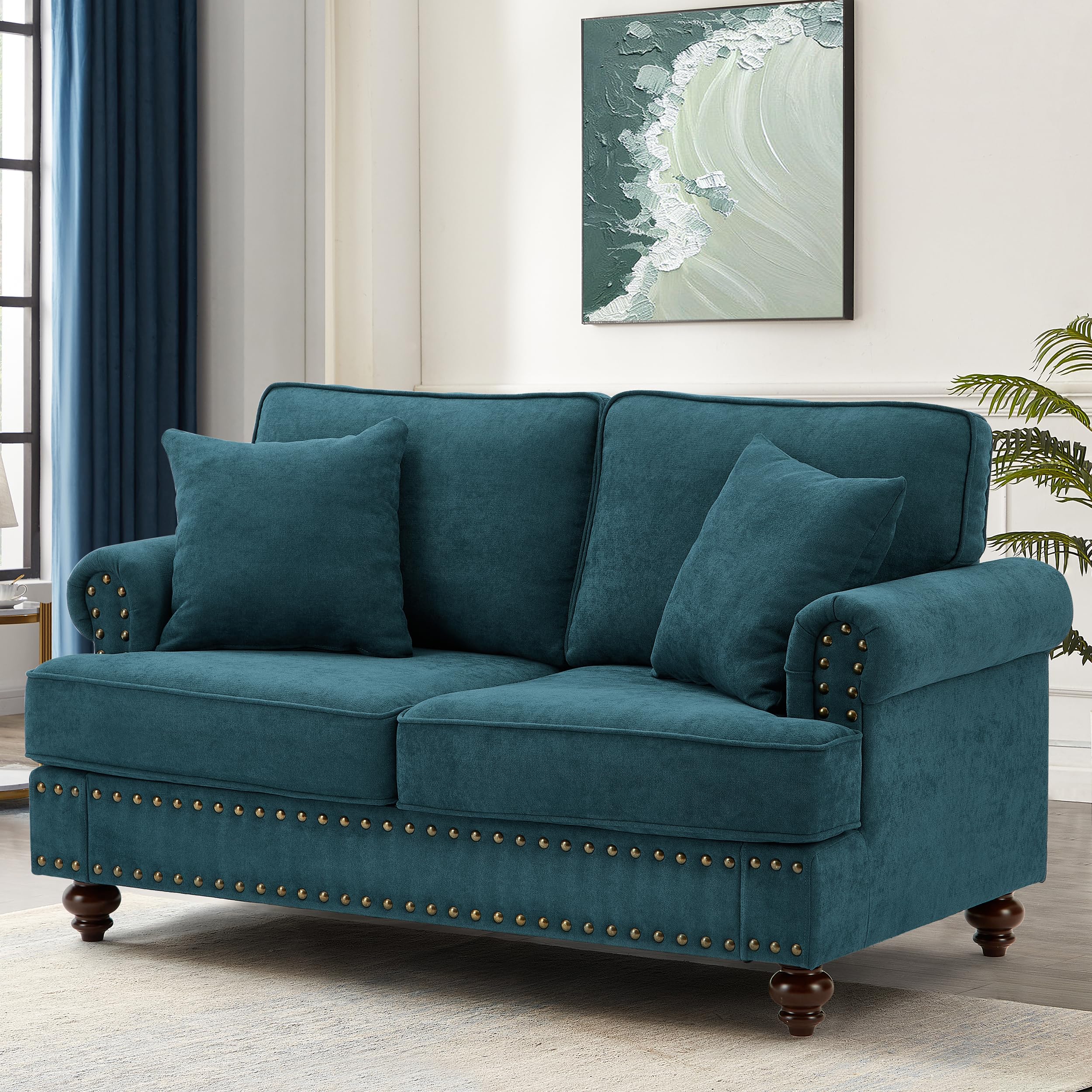 Asucoora Rolled Arm Chenille Upholstered Loveseat, 2-Seater Sofa Couch with Nailhead Trim and 2 Pillows Green