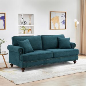 Asucoora Chenille Upholstered Couch, Rolled Arm 3-Seater Sofa Couch with Nailhead Trim and 2 Pillows Rolled Arm Green