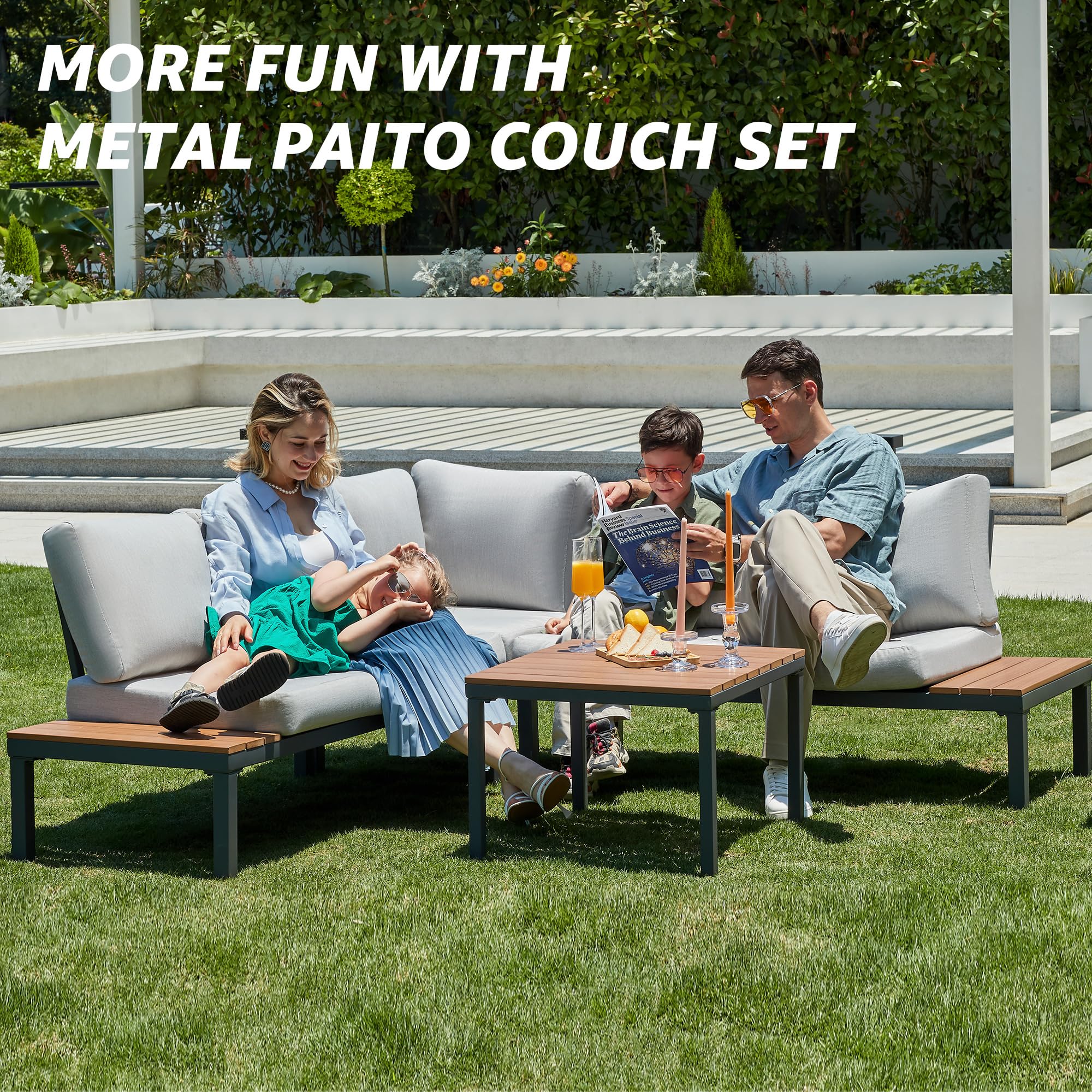 NATURAL EXPRESSIONS Patio Furniture Sets, Metal Outdoor Sectional L Shape Corner Sofa Outdoor Couch with Detachable Backrest,3 Fuaxwood Tables, Grey Thick Olefin Cushions for Yard,Garden