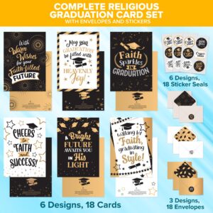 Decorably 18 Pack Gold-Foiled & Glittery Christian Graduation Cards Christian with Envelopes & Stickers - 6 Designs with Printed Message Inside 5x7in Religious Graduation Cards Religious