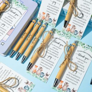 BeYumi Woodland Baby Shower Gifts - 101Pcs Woodland Safari Baby Shower Gifts for Guest Greenery Woodland Baby Shower Favors Retractable Baby Shower Bamboo Pens Greeting Card Bookmarks Souvenirs Prizes