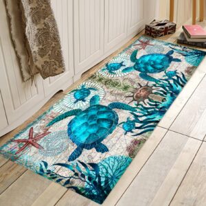 Coastal Runner Rug for Hallway 2x6 Sea Turtle Hallway Rugs Nautical Throw Rug Blue Turtles Beach Ocean Life Teal Marine Animal Area Rug Non-Slip Floor Carpet for Bedroom Entrance Door Mat Washable Rug