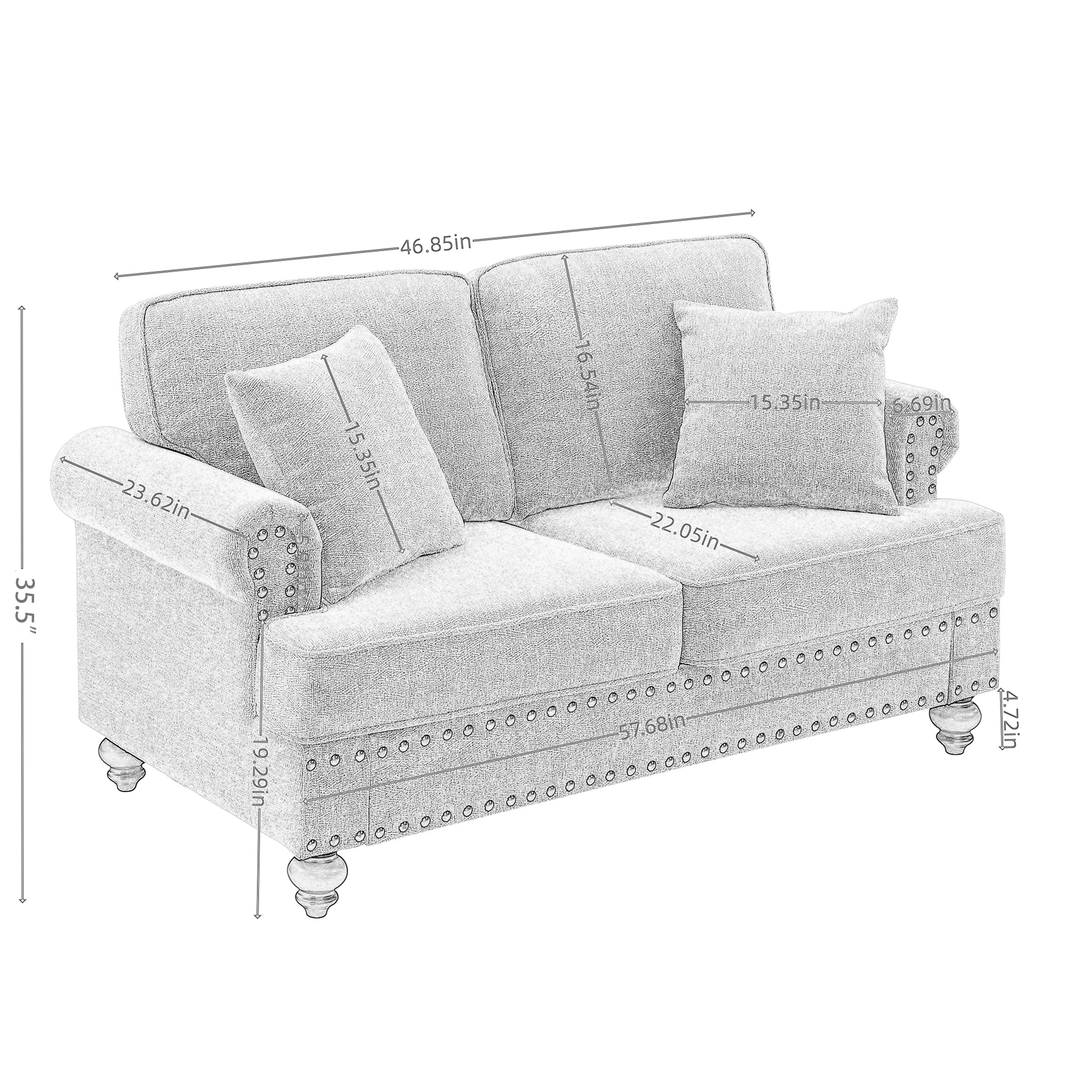 Asucoora Rolled Arm Chenille Upholstered Loveseat, 2-Seater Sofa Couch with Nailhead Trim and 2 Pillows Gray