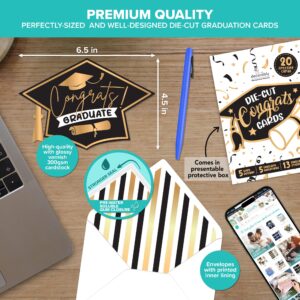 Decorably 20 Pack Gold Foiled & Glittery Graduation Cards 2024 with Envelopes & Stickers - 5 Die-Cut Designs College Graduation Card Pack, Graduation Cards Pack, 6.5x4.5in Grad Cards Pack