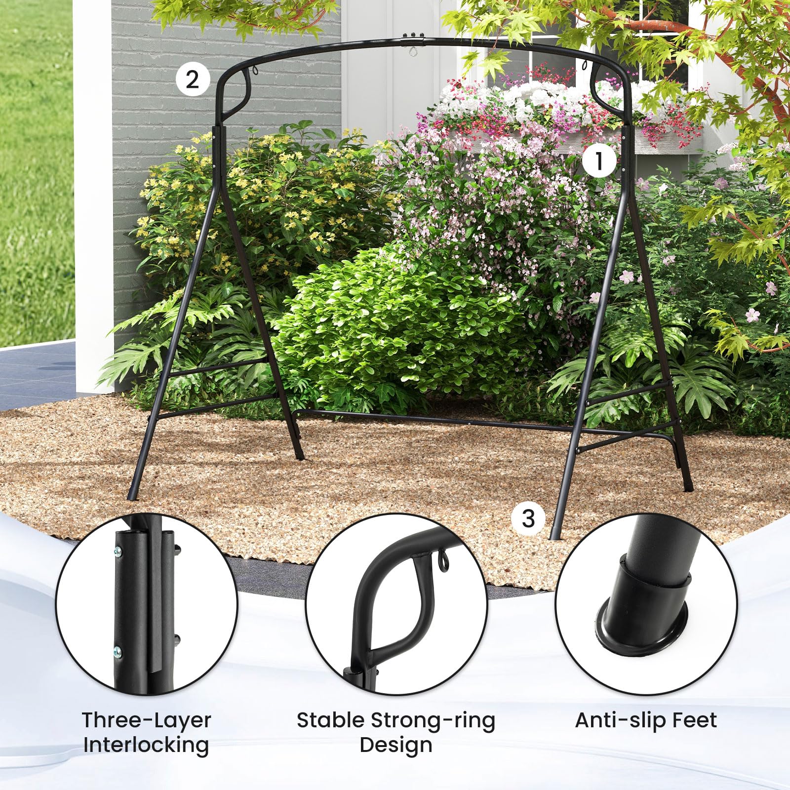 HAPPYGRILL Porch Swing Stand, Heavy Duty Metal Hanging Swing Frame with 2-Point/Single-Point Hanging, A-Frame Swing Stand for Indoor Outdoor Patio Backyard Fits for Most Swings