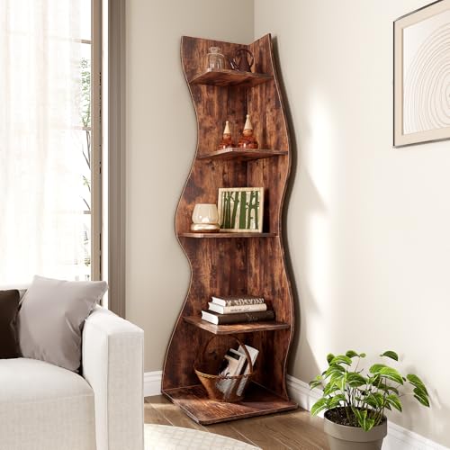 LITTLE TREE Small Corner Shelf, Modern 5-Tier Wall Corner Bookshelf, Stylish Bookcase Storage Rack for Small Space, Living Room, Bedroom