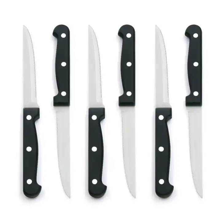 6 Serrated Steak Knife with Black PP Handle Table Knife Stainless Steel 4.5 Inch Metal Sustainable Steak Knives Serrated Blades for Effortless Meat Cutting