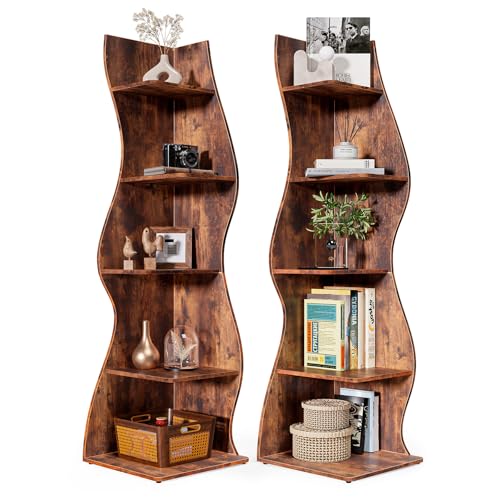 LITTLE TREE Small Corner Shelf, Modern 5-Tier Wall Corner Bookshelf, Stylish Bookcase Storage Rack for Small Space, Living Room, Bedroom