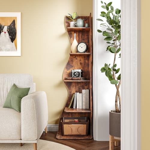 LITTLE TREE Small Corner Shelf, Modern 5-Tier Wall Corner Bookshelf, Stylish Bookcase Storage Rack for Small Space, Living Room, Bedroom