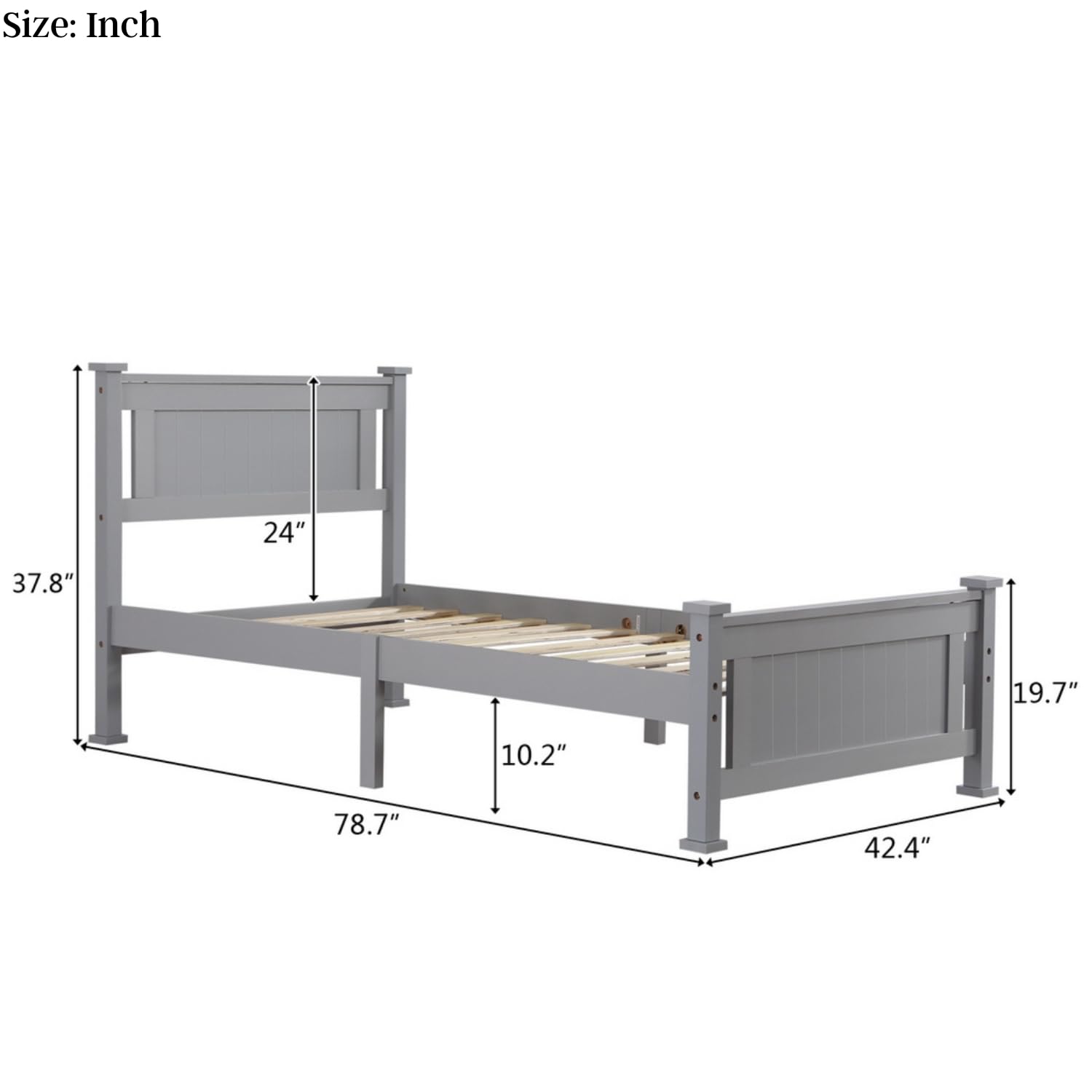 AOCOROE Twin Bed Frame for Boys and Girls, Twin Size Wooden Platform Bed with Vertical Stripe Headboard, Foot Board, Slats Included, No Box Spring Needed, Grey