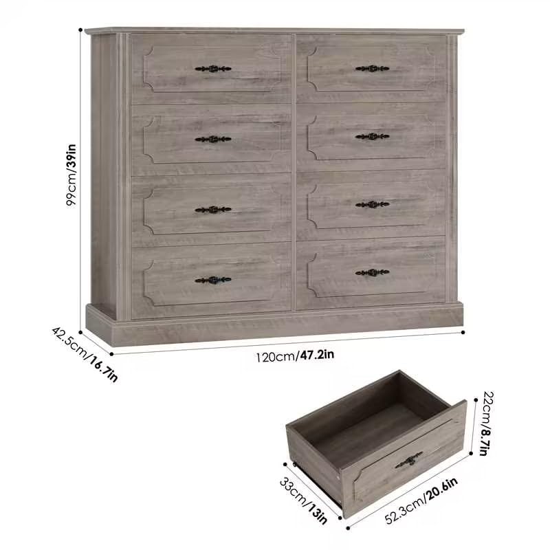 FINETONES Grey Dresser Chest of Drawers, 47.2” Farmhouse Dresser Wood Dresser 8 Drawer Dresser with Steel Handles, Modern Dresser Drawers Floor Storage Cabinet for Living Room Hallway Office