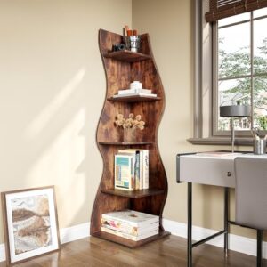 LITTLE TREE Small Corner Shelf, Modern 5-Tier Wall Corner Bookshelf, Stylish Bookcase Storage Rack for Small Space, Living Room, Bedroom