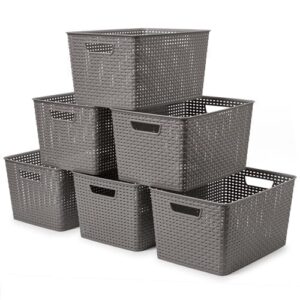 ezoware 18 quarts woven plastic storage basket bin set, large organizer knit tote box - set of 6, gray