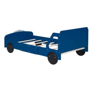 Acosure Twin Size Car-Shaped Platform Bed with Wheels,Automotive Design Bed Frame W/Rails on Both Sides Beside Headboard,Footboard,Slat Support,Easy Installation,for Kids Boys Girls Teens,Blue