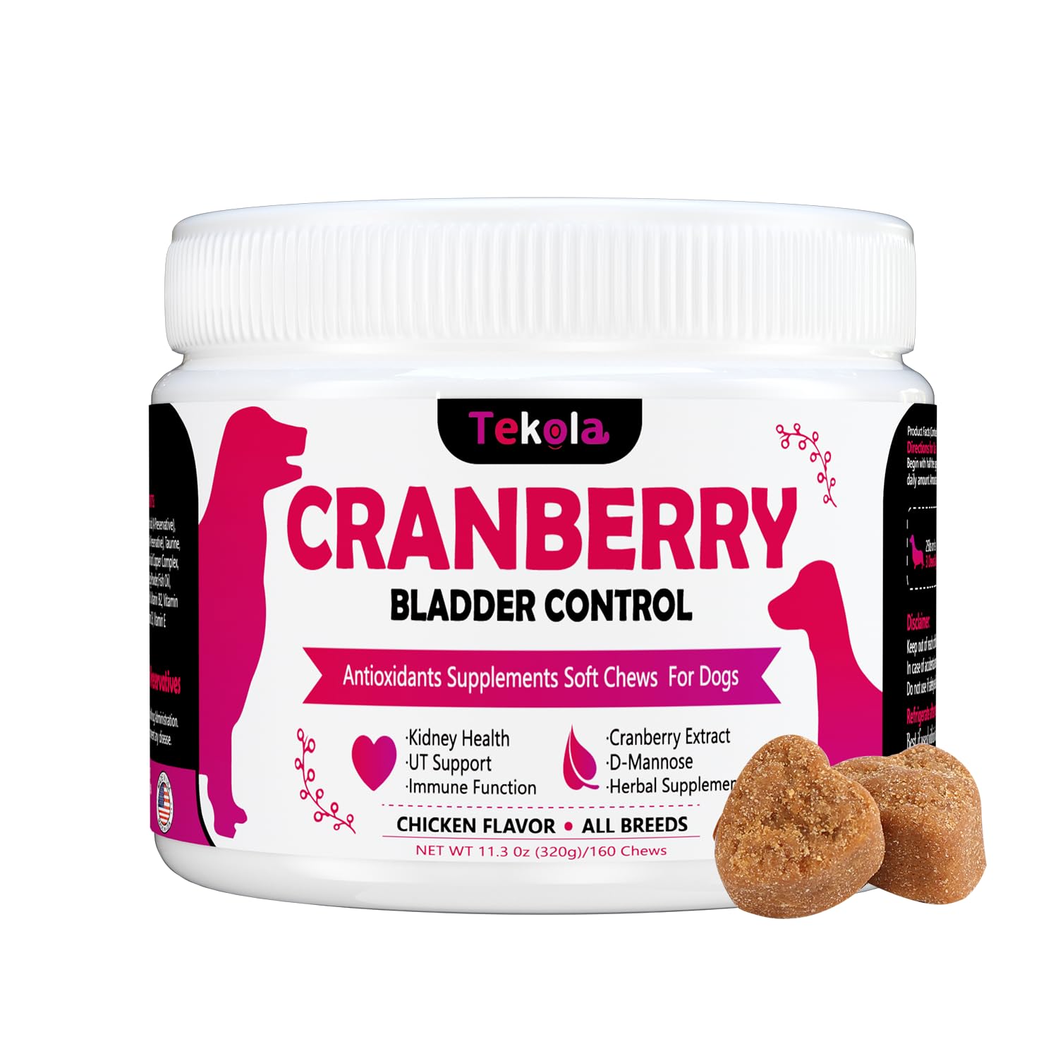 Cranberry Bladder Health for Dogs - Dog Antioxidant- 160 Cranberry Soft Chew Supplements for a Healthy Urinary Tract and Bladder Control – Made with Cranberry & D-Mannose & Vitamins (Chicken Flavor)