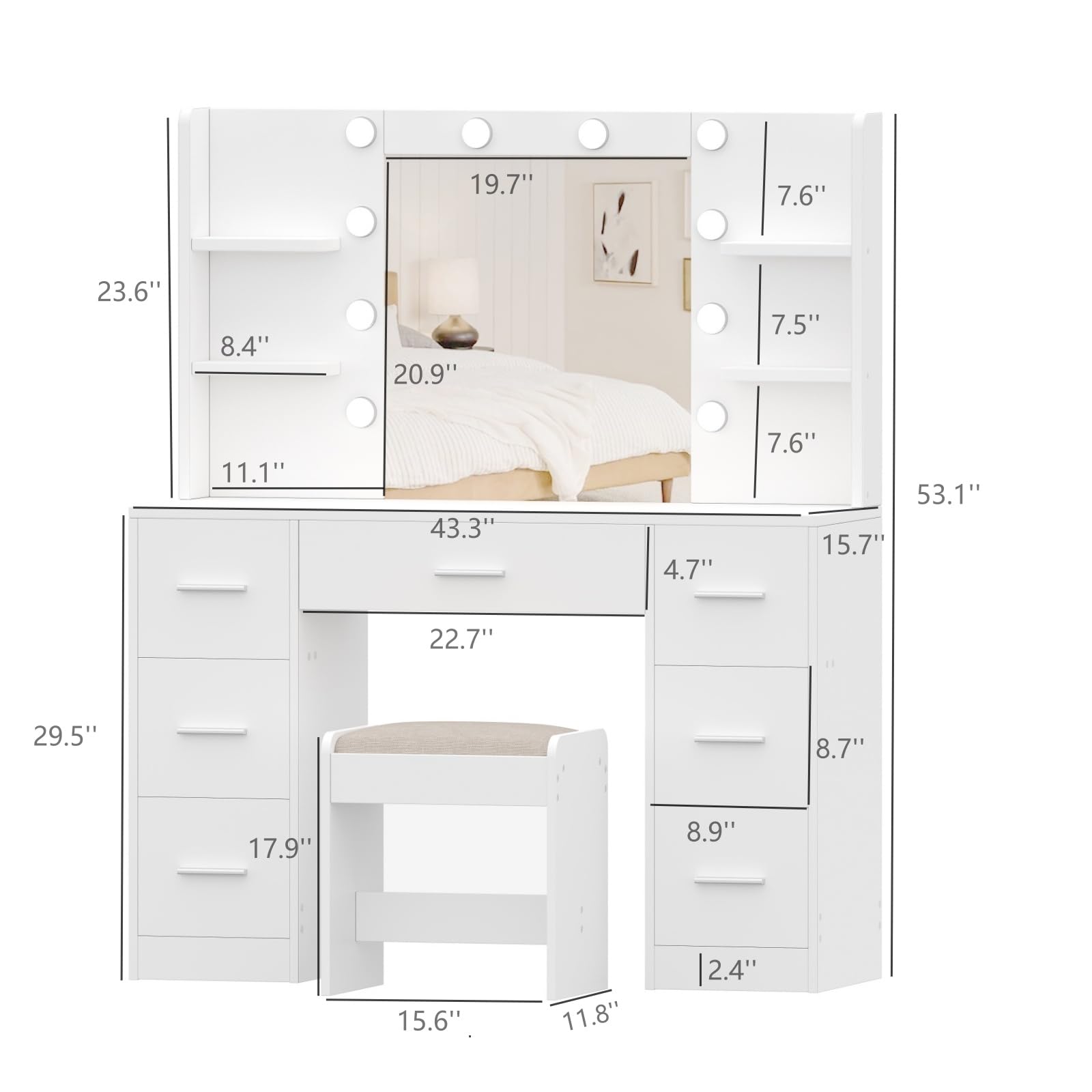 Irontar Vanity Table with Stool, Vanity Desk with 10 LED Lights & 7 Metal Sliding Drawers, Brightness Adjustable, Makeup Vanity with Open Shelves, Dressing Table Set for Women, White WDT005WD