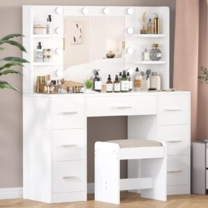 irontar vanity table with stool, vanity desk with 10 led lights & 7 metal sliding drawers, brightness adjustable, makeup vanity with open shelves, dressing table set for women, white wdt005wd