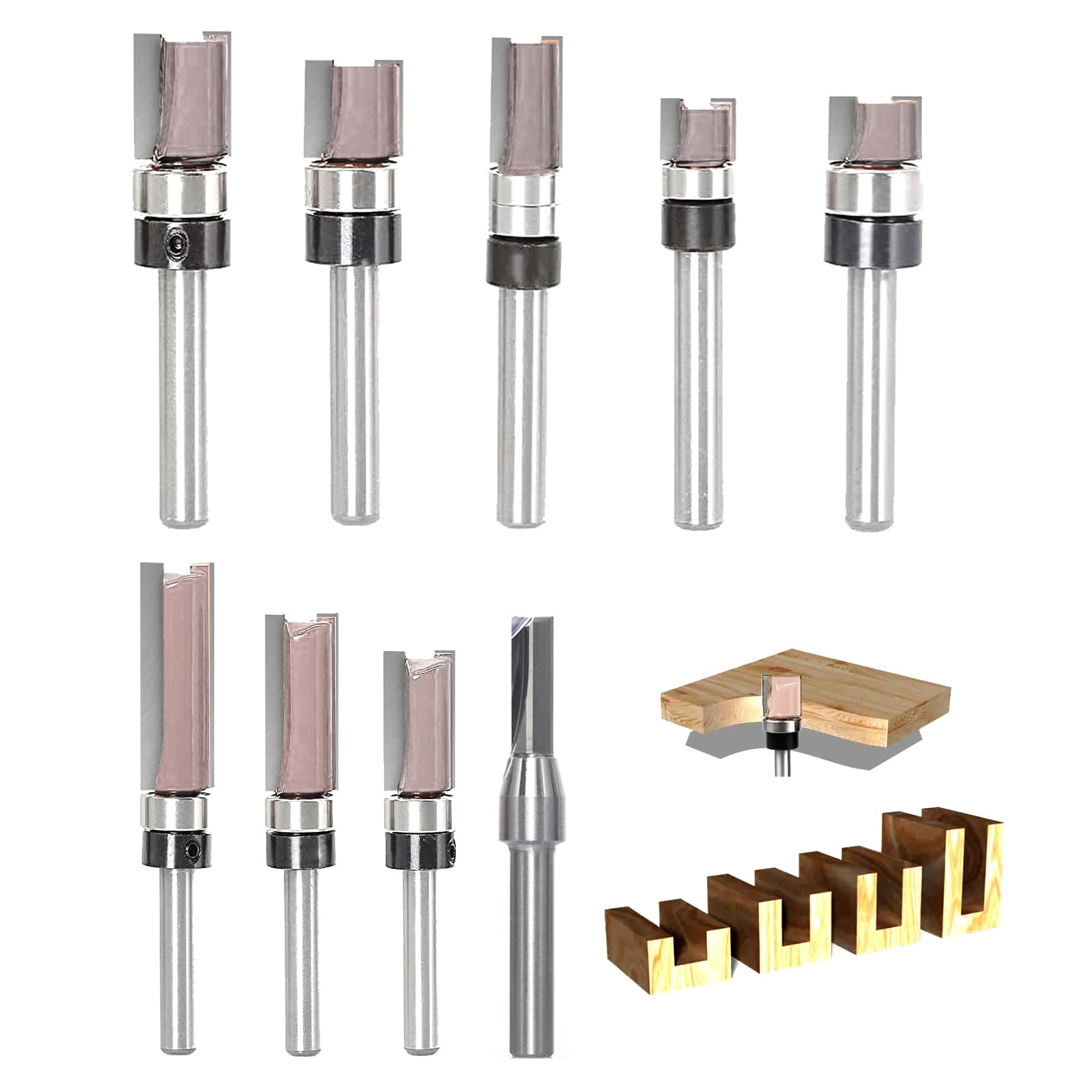 SICWOOD 9pcs Pattern Flush Trim Router Bit 1/4 Shank, Carbide Tipped Top Bearing Template Pattern Router Bit, Straight Flush Cut Router Bit, for Wood Trimming