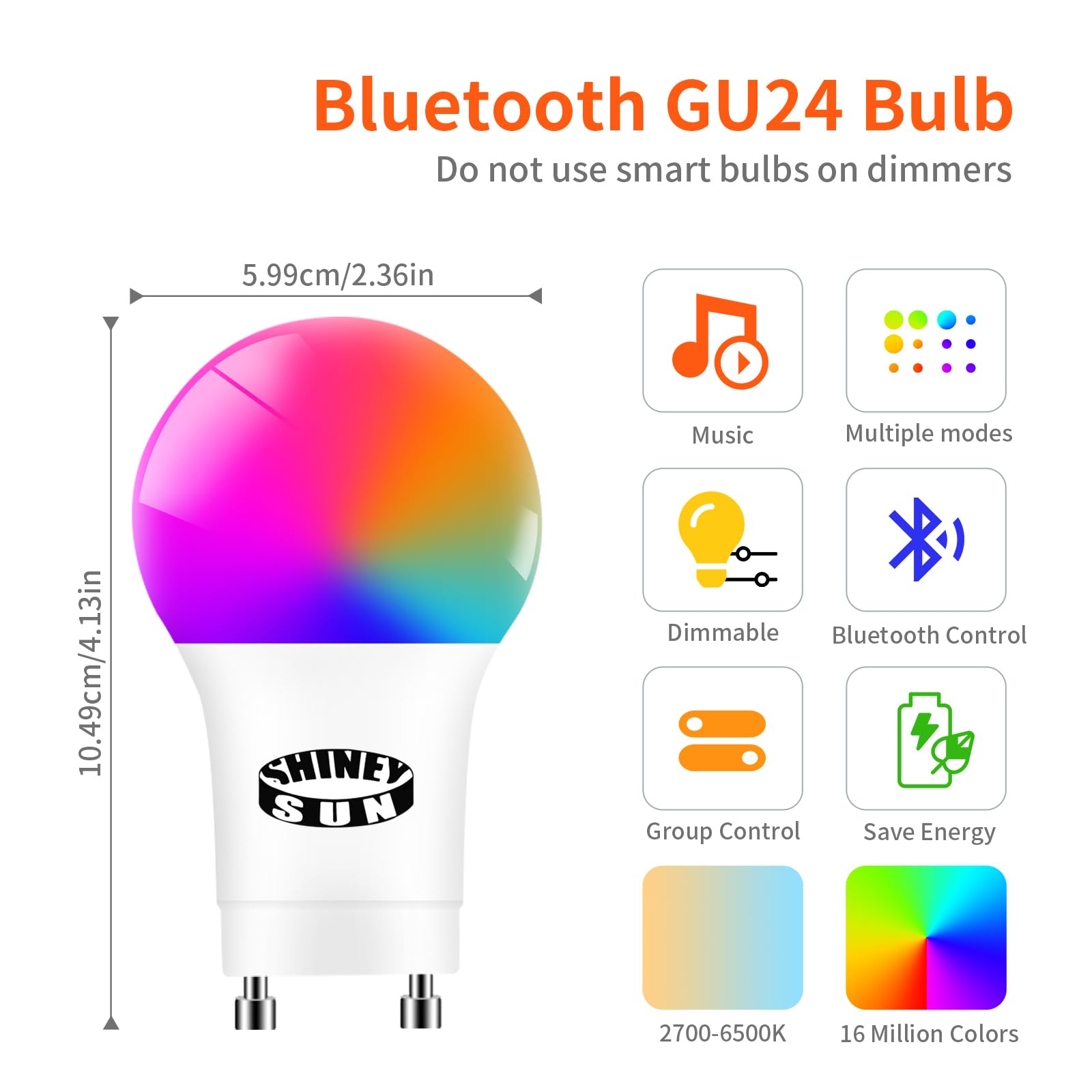 Sunshiney Twist in Light Bulb, A19 GU24 12W 1200LM Smart Bluetooth 2 Prong Led Lightbulb, 2700K-6500K Dimmable Music Sync RGBCW Color Changing Led Lightbulbs, APP Control, 4Pack