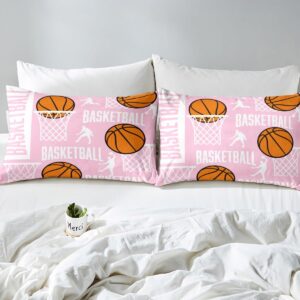 Feelyou Basketball Bedding Set Queen Basketball Lover Comforter Cover Set for Kids Teens Adults Pink Duvet Cover Sport Bedspread Cover Room Decor 3Pcs with 2 Pillow Case