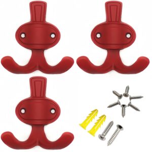 ImyHok Red Coat Hook Kids Wall Hooks Backpack Rack Hook Cute Double Hooks for Hanging Towel Key in Children's Room Nursery Decorative Metal Wall Mounted 3 Pack (Red)