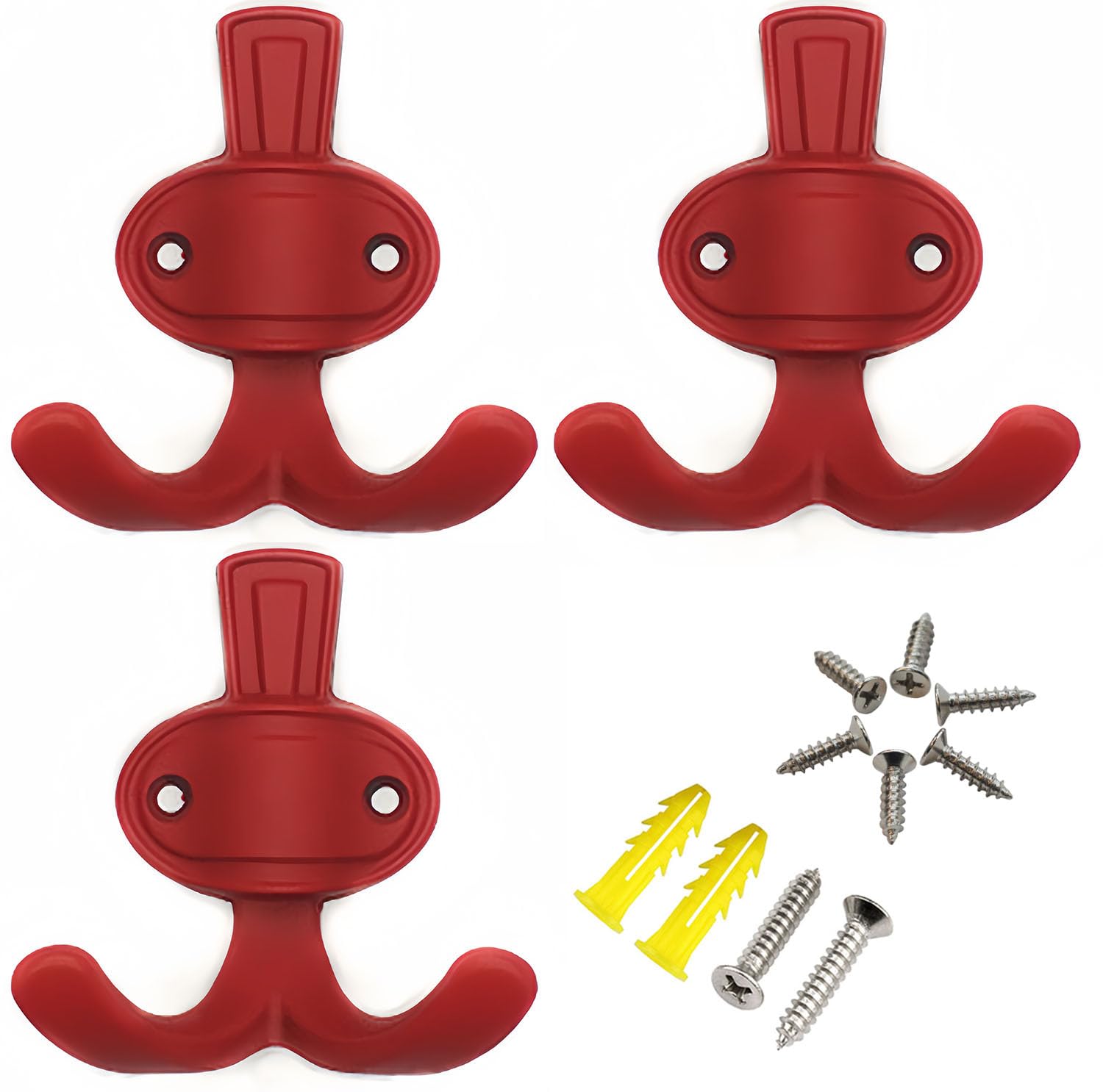 ImyHok Red Coat Hook Kids Wall Hooks Backpack Rack Hook Cute Double Hooks for Hanging Towel Key in Children's Room Nursery Decorative Metal Wall Mounted 3 Pack (Red)