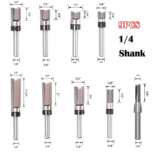 SICWOOD 9pcs Pattern Flush Trim Router Bit 1/4 Shank, Carbide Tipped Top Bearing Template Pattern Router Bit, Straight Flush Cut Router Bit, for Wood Trimming