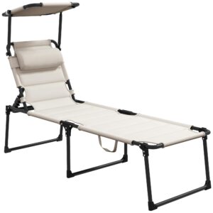 outsunny outdoor lounge chair, adjustable backrest folding chaise lounge, cushioned tanning chair with sunshade roof & pillow headrest for beach, camping, hiking, cream white