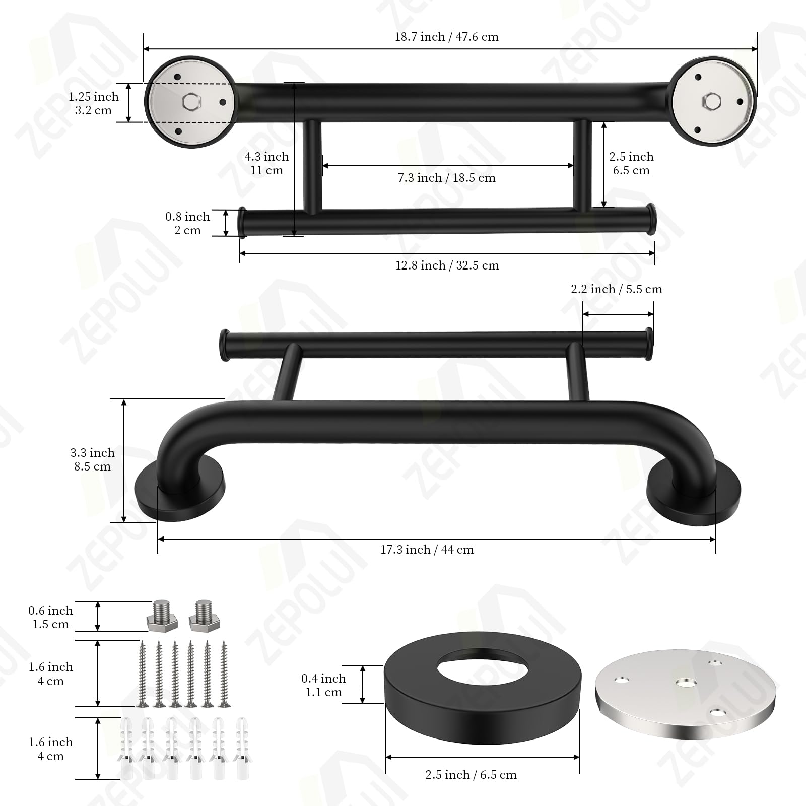 Black Grab Bar Towel Rack Combo, Zepolu Handicap Towel Bar for Bathroom, Stainless Steel Safety Assist Bar Balanced Support Handle 17 Inch, Wall Mounted Towel Grab Bars for Senior Elderly Disabled