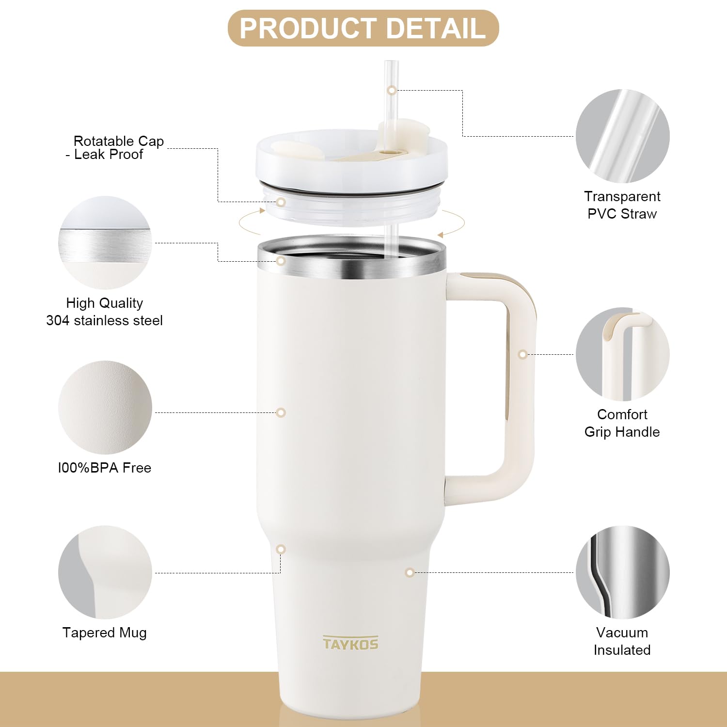 Taykos 40oz Tumbler with Handle and Straw, Leak Proof Tumblers Cup, Stainless Steel Insulated Travel Coffee Mug, Keeps Drinks Cold for 24 Hours or Hot, Car Cup Holder, Cream White