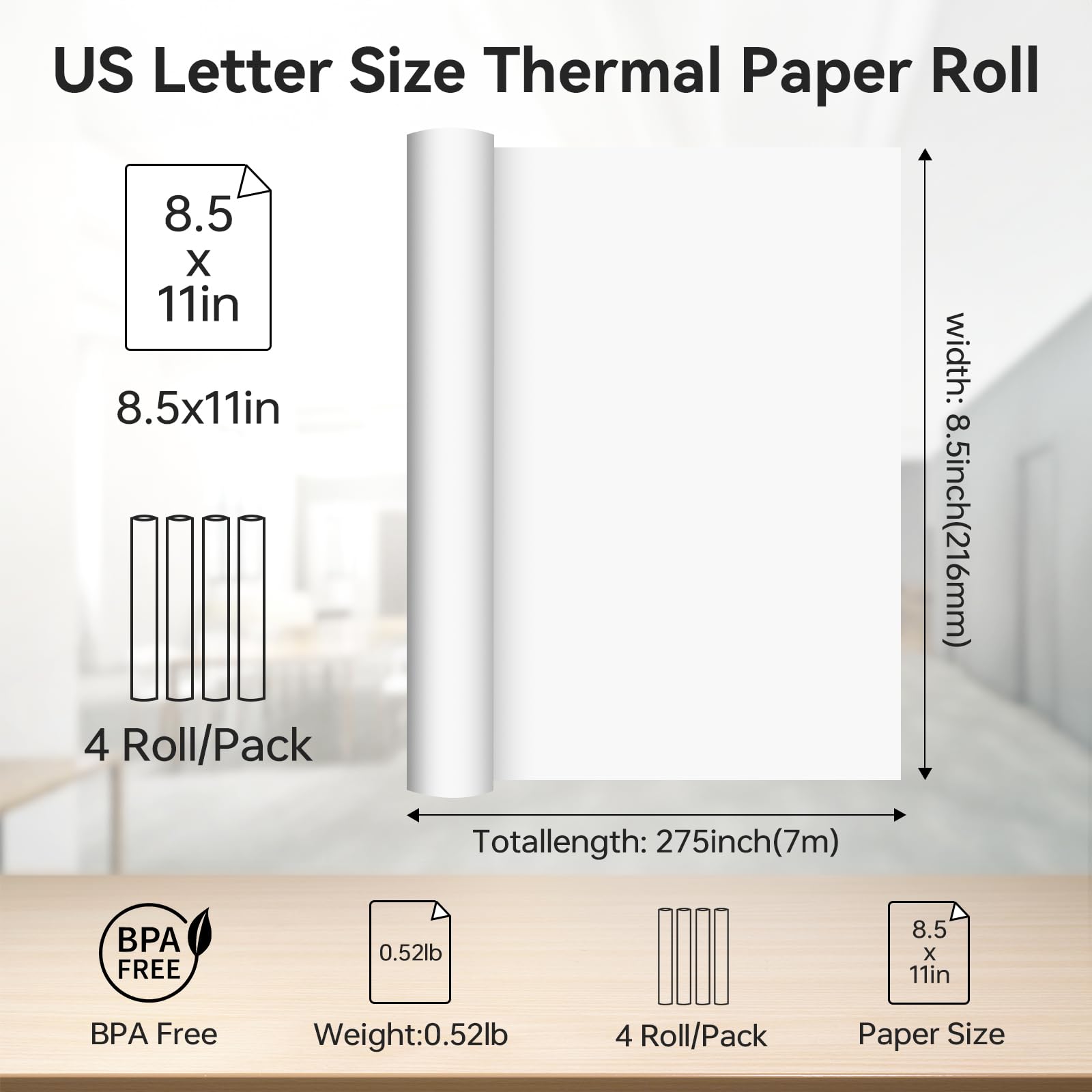 US Letter Thermal Printer Paper 8.5 x 11" for P81 Portable Thermal Printer, 4 Rolls Thermal Paper, Full Length 354", BPA Free Thermal Printer Paper