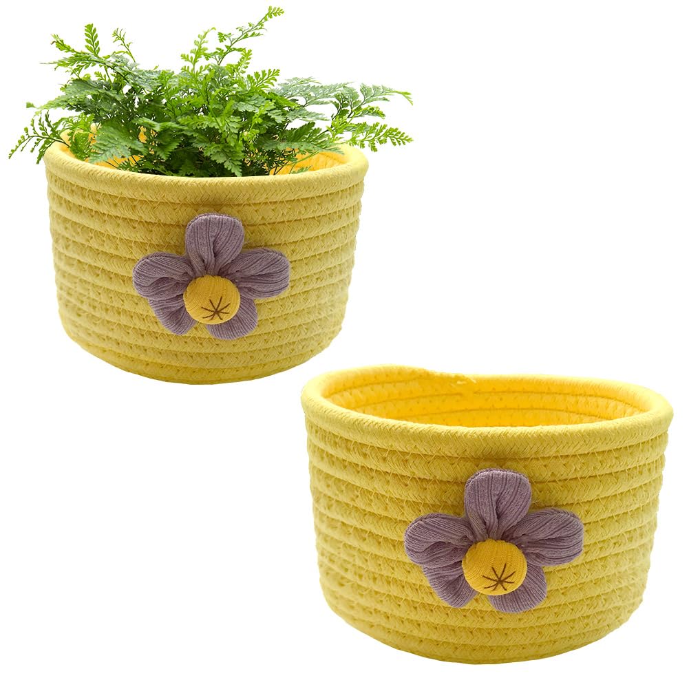 Oaixuilhy 2 Pack Cotton Rope Basket Small Woven Basket for Living Room Shelves Desk Decor (Yellow)