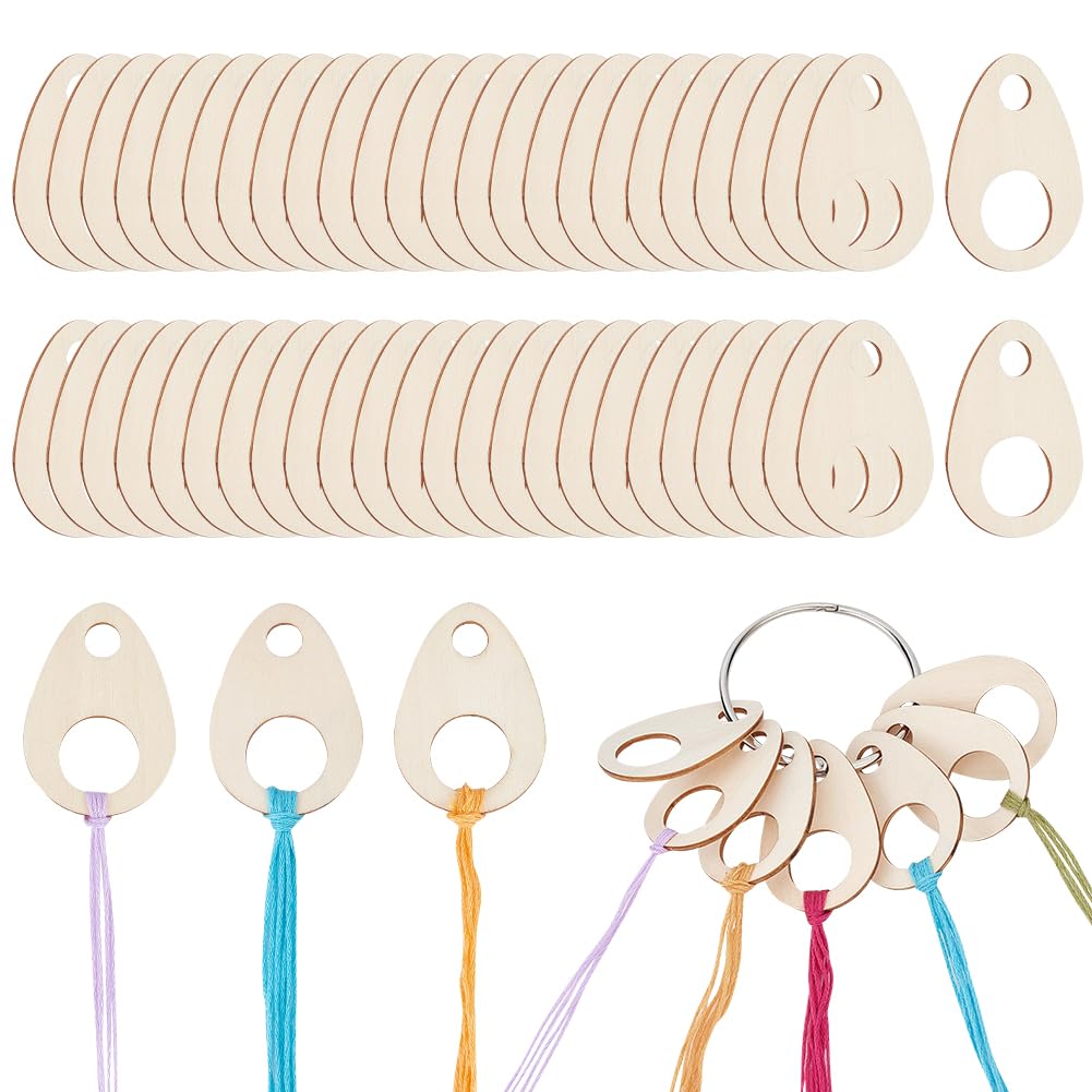 BENECREAT 100pcs Teardrop Wood Thread Drops, 1.9x1.3inch Wood Cross Stitch Thread Organization with Floss Ring for Craft DIY Sewing Storage, 2mm Thick