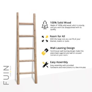 FUIN 57in Wood Blanket Ladder Living Room Decorative Wall Leaning Farmhouse Quilt Display Holder Rustic Wooden Towel Rack for Bathroom, Brown