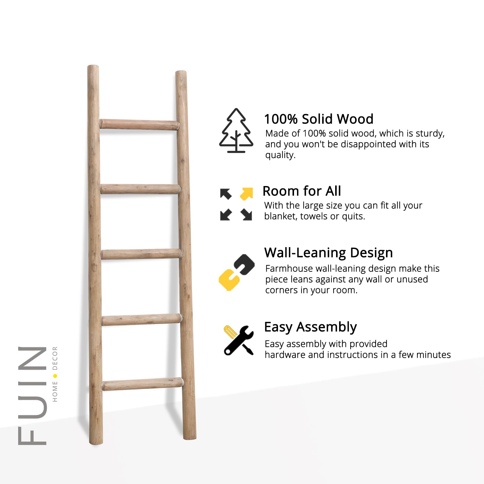 FUIN 57in Wood Blanket Ladder Living Room Decorative Wall Leaning Farmhouse Quilt Display Holder Rustic Wooden Towel Rack for Bathroom, Brown