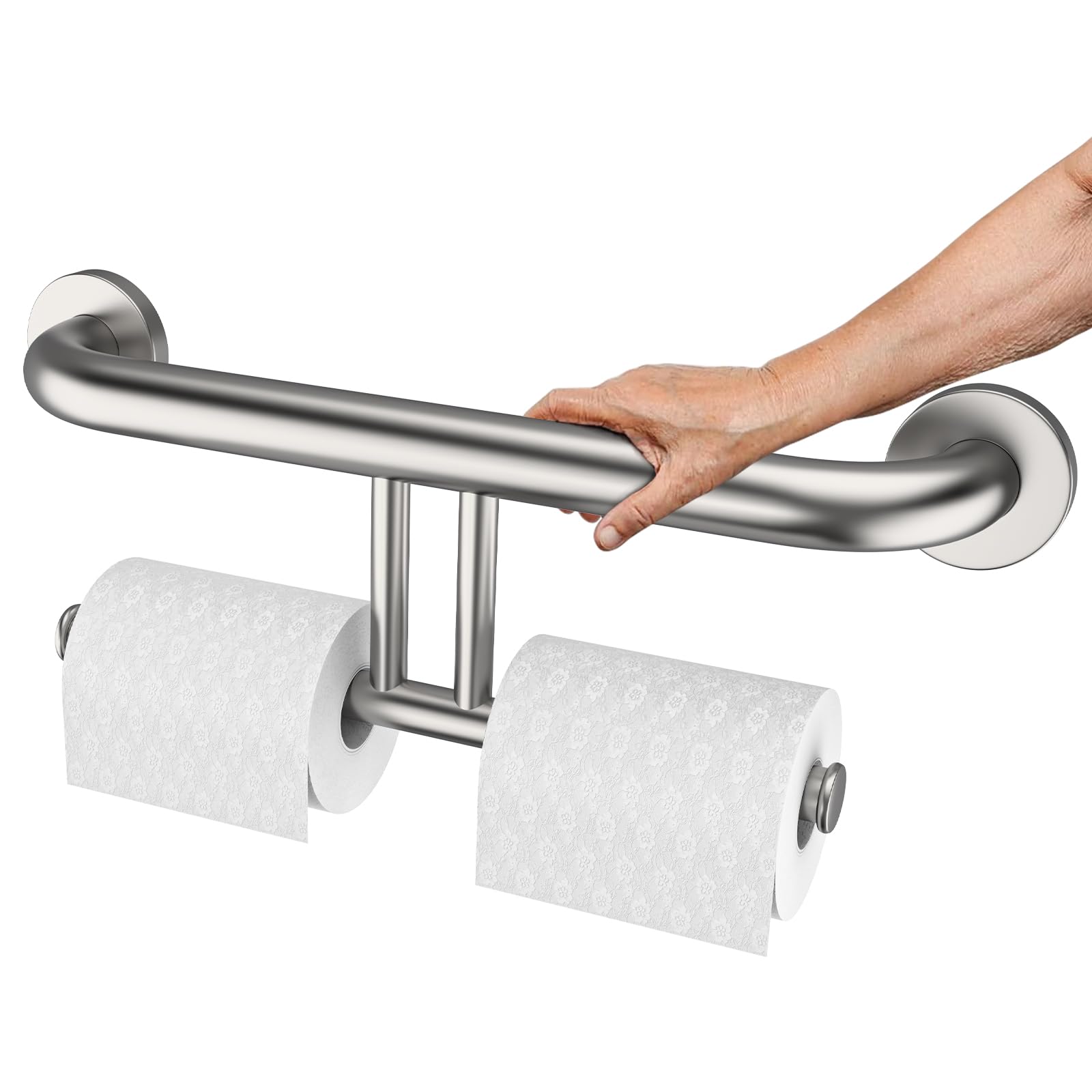 Brushed Nickel Handicap Grab Bar w/Toilet Paper Roll Holder, Zepolu 2-in-1 Safety Assist Bar Balanced Support Handle 17 Inch, Stainless Steel Wall Mounted Bathroom Toilet Grab Bar for Senior Elderly