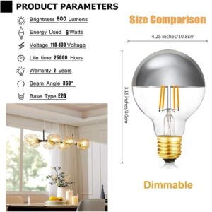 XININSUN Dimmable Half Chrome Light Bulb,6W (60W Eqv.), Anti Glare LED Light Bulbs,G25 Globe Light Bulbs,E26 G80 Silver Dipped Bulb for Bathroom, Vanity, Mirror,2700K Warm White,4Pcs