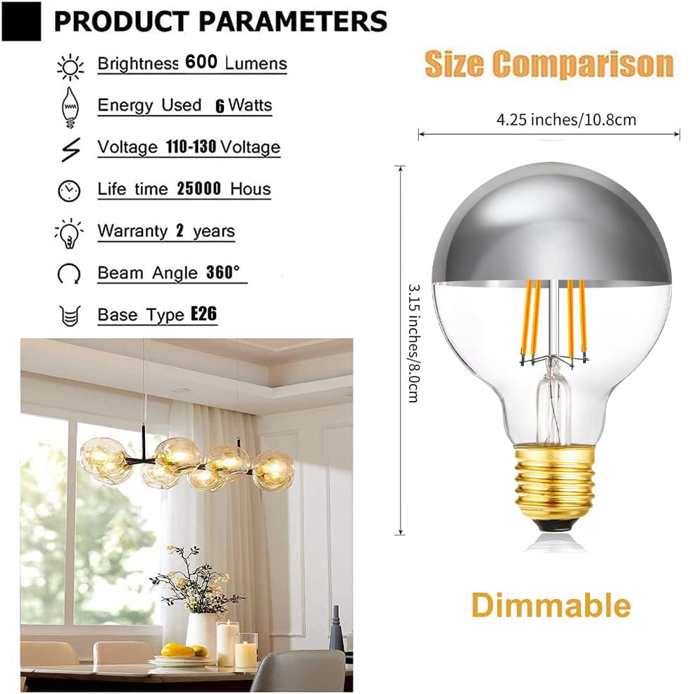 XININSUN Dimmable Half Chrome Light Bulb,6W (60W Eqv.), Anti Glare LED Light Bulbs,G25 Globe Light Bulbs,E26 G80 Silver Dipped Bulb for Bathroom, Vanity, Mirror,2700K Warm White,4Pcs