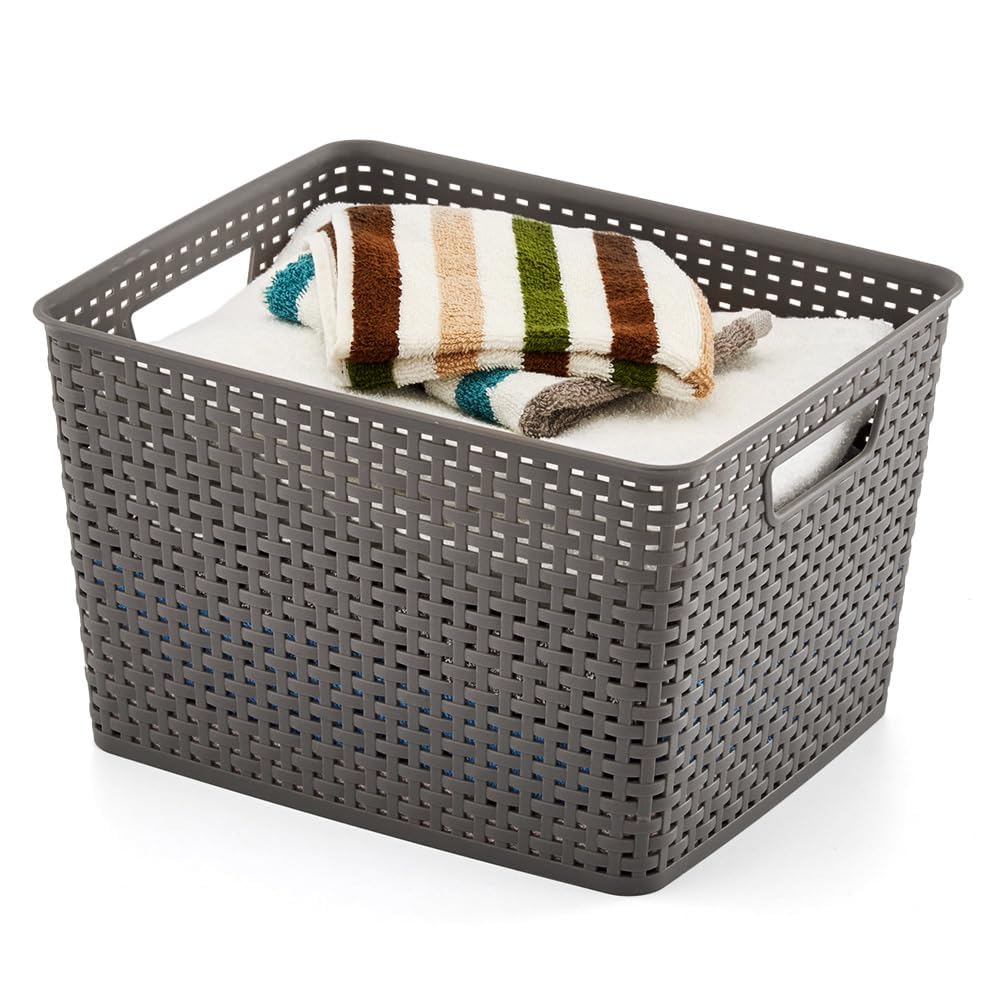 EZOWare 18 Quarts Woven Plastic Storage Basket Bin Set, Large Organizer Knit Tote Box - Set of 6, Gray