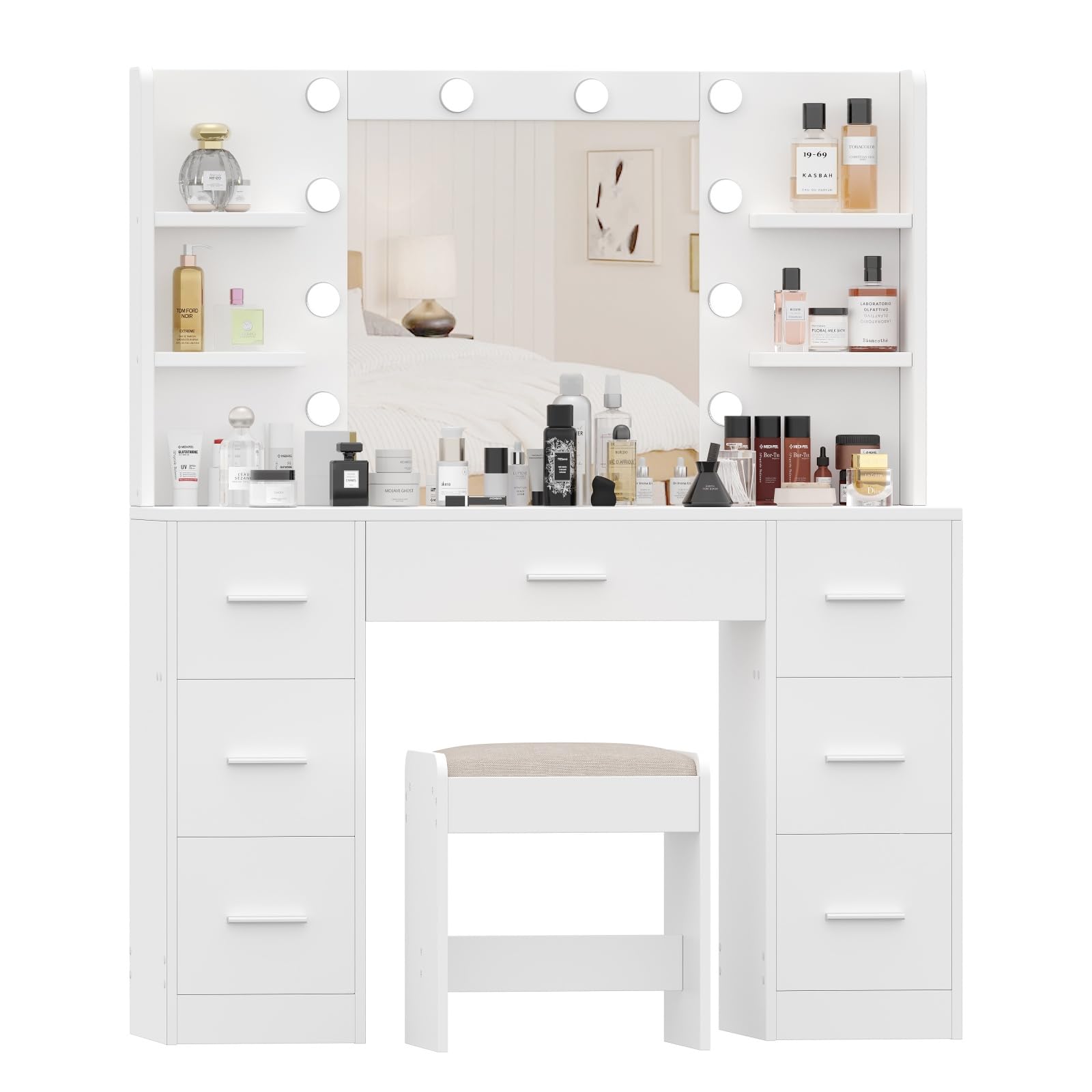 Irontar Vanity Table with Stool, Vanity Desk with 10 LED Lights & 7 Metal Sliding Drawers, Brightness Adjustable, Makeup Vanity with Open Shelves, Dressing Table Set for Women, White WDT005WD