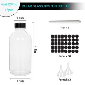 4 oz Clear Glass Bottles with Lids,15 Pack Ginger Shots Bottles Small Glass Bottles with Black Poly Cone Caps for Essential oils,120ml Boston Round Samples Bottles for Juice,Dispensing,Travel Use