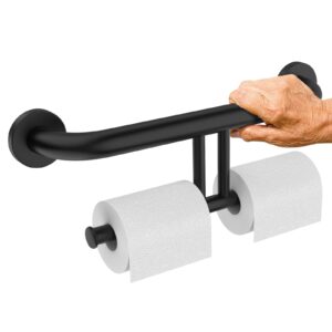 grab bar w/double toilet paper roll holder black, ihansee stainless steel shower support handle balanced support bars, wall mounted safety handrail grab rail for elderly senior handicap disabled