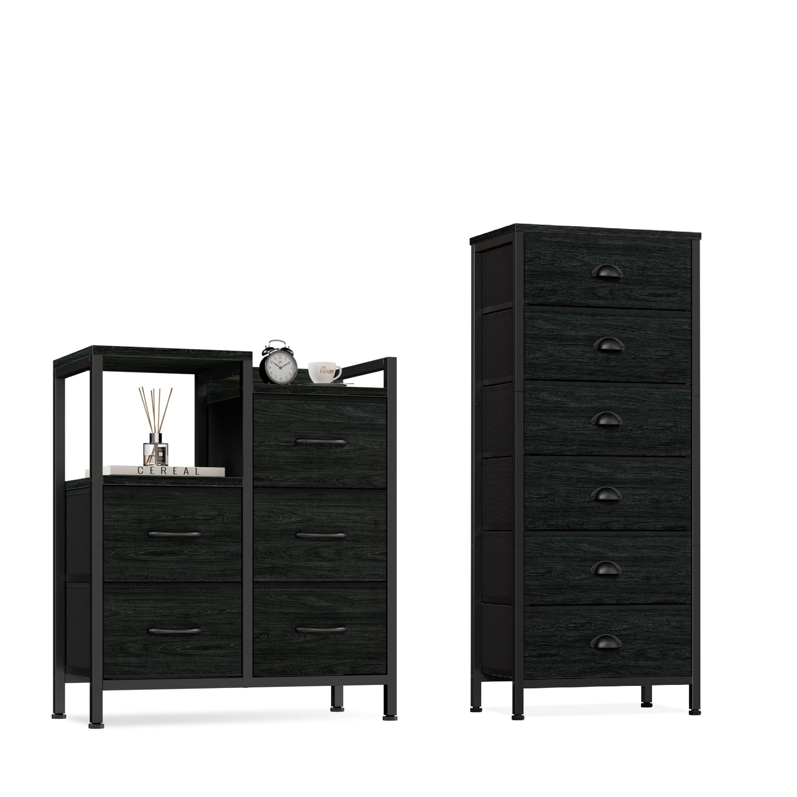 Furnulem Dresser for Bedroom with 5 Fabric Drawers, Vertical Chest of Drawers and Nightstand for Bedroom, Black Furniture with Fabric Drawer Organizer Unit in Living Room,Closet,Entryway,Hallyway